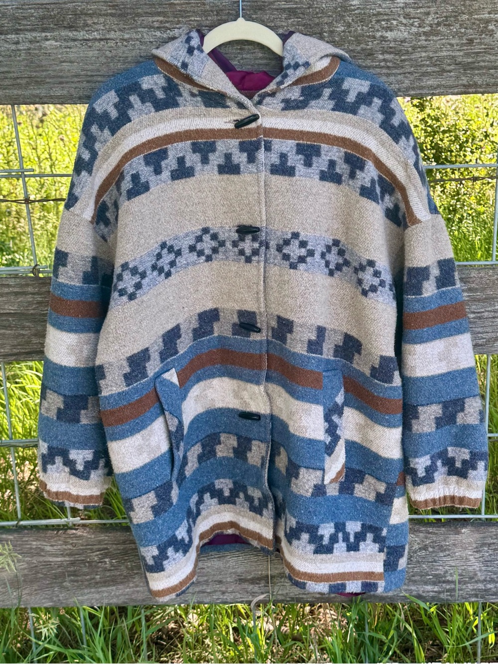 Vintage NYG Southwestern Aztec Hooded Wool Blend Toggle Coat Boho Size‎ 18